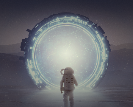 Person standing in front of a glowing portal